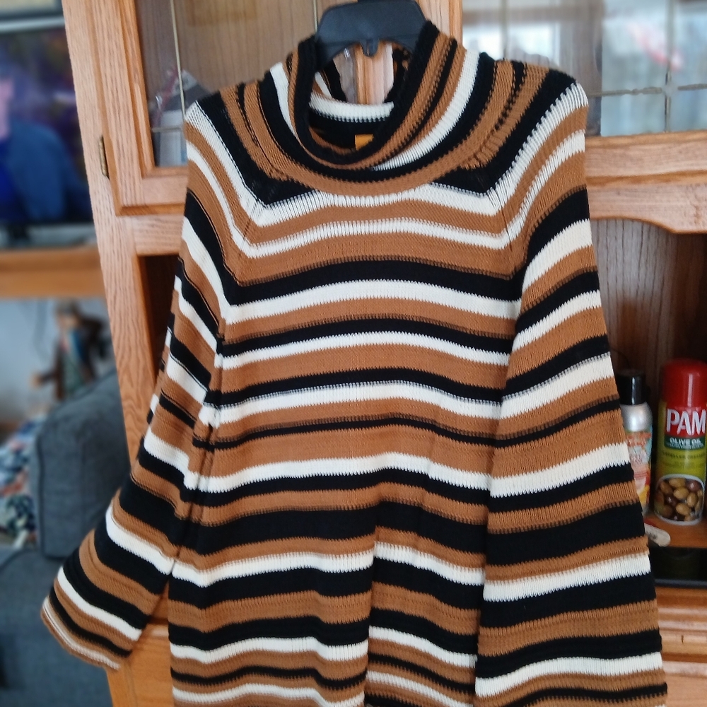 Ruby Rd. Women's Striped Cowl Neck Sweater - Brown, Black, and White